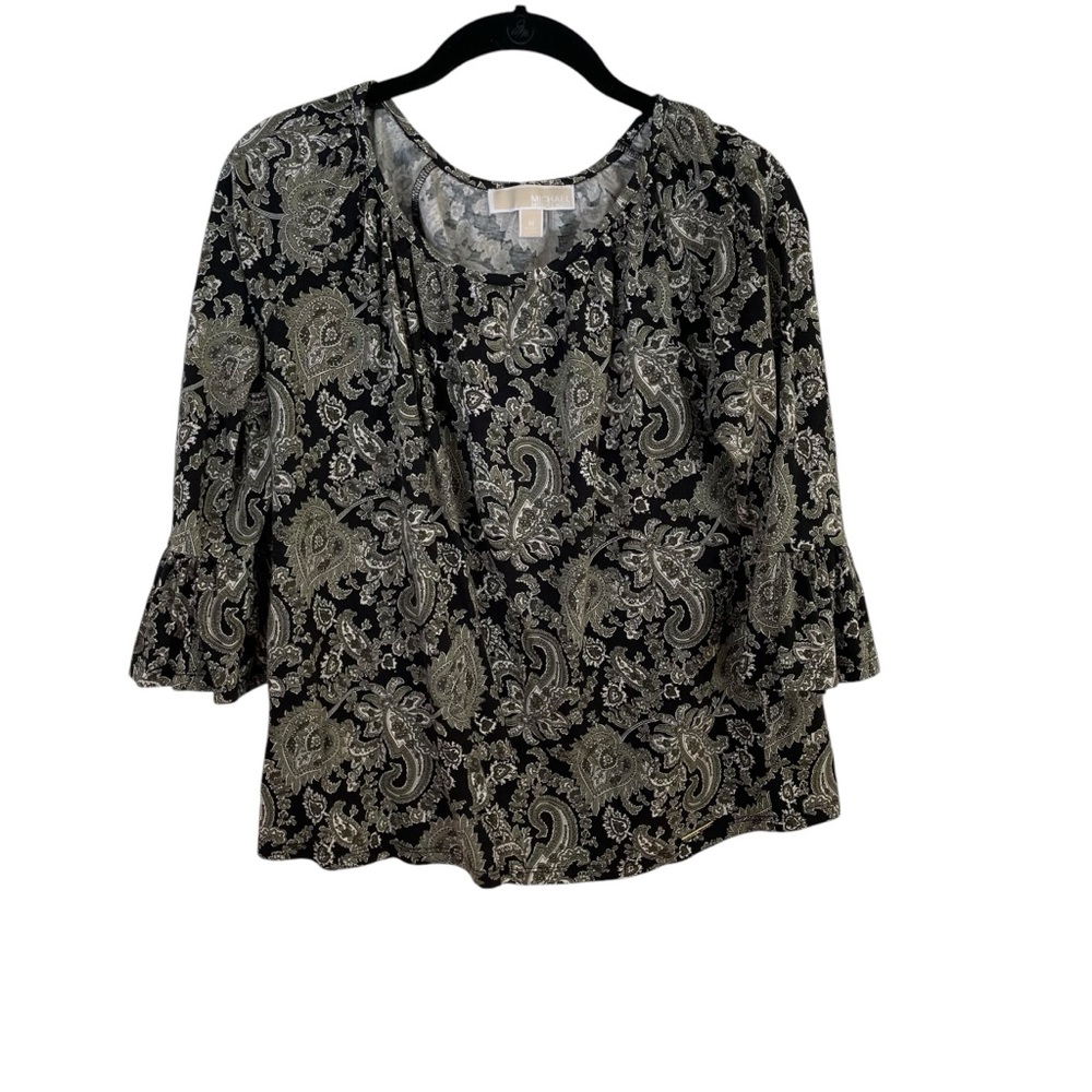 Michael Kors Womens Top Size M Green/Black Floral w/Bell Sleeves. New w/o Tags